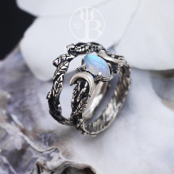 Moonstone Ring Set “Soma” | Moon Ring Sterling Silver | Moonstone Jewelry | Witchy Engagement Ring | Celestial Jewelry | Triple Moon Ring