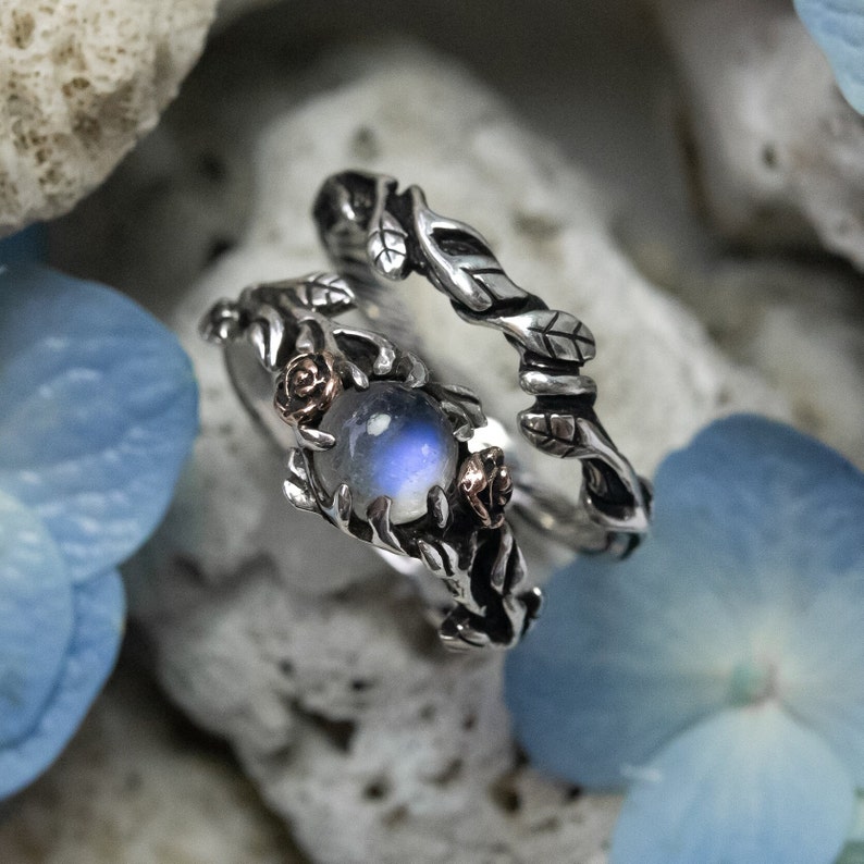 Moonstone Ring Set Primrose June Birthstone Ring Nature Lover Gift Silver Leaf Ring Statement Gemstone Ring Wedding Ring Set image 1