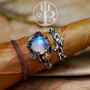 Moonstone Ring Set Cleo+Mio Sterling Silver | Moonstone Engagement Ring Set Rose | Twig Ring Set Wedding Jewelry | Moonstone Jewelry Women