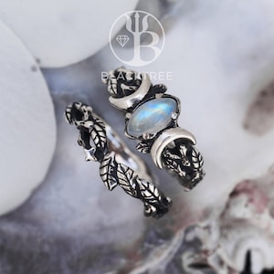 Moonstone Ring Set Soma | Fantasy Wedding Ring Silver Goddess Jewelry | Witchy Boho Engagement Ring Set Stackable Triple Moon Stacking Ring