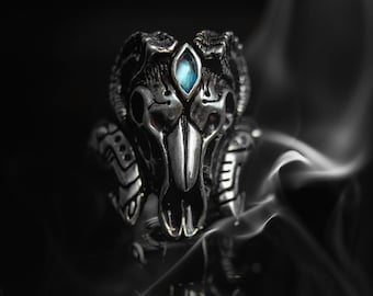 Goat Skull Ring “Baron” | Moonstone Gothic Ring | Blue Stone Ring | Silver Ram Skull Ring | Biker Ring | Viking Ring | Heavy Metal Ring