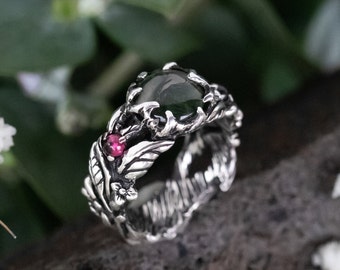 Moss Agate Ring FOREST| Blackened Silver Engagement Ring | Statement Leaf Ring | Agate Jewelry | Multi Stone Wedding Band | Promise Ring