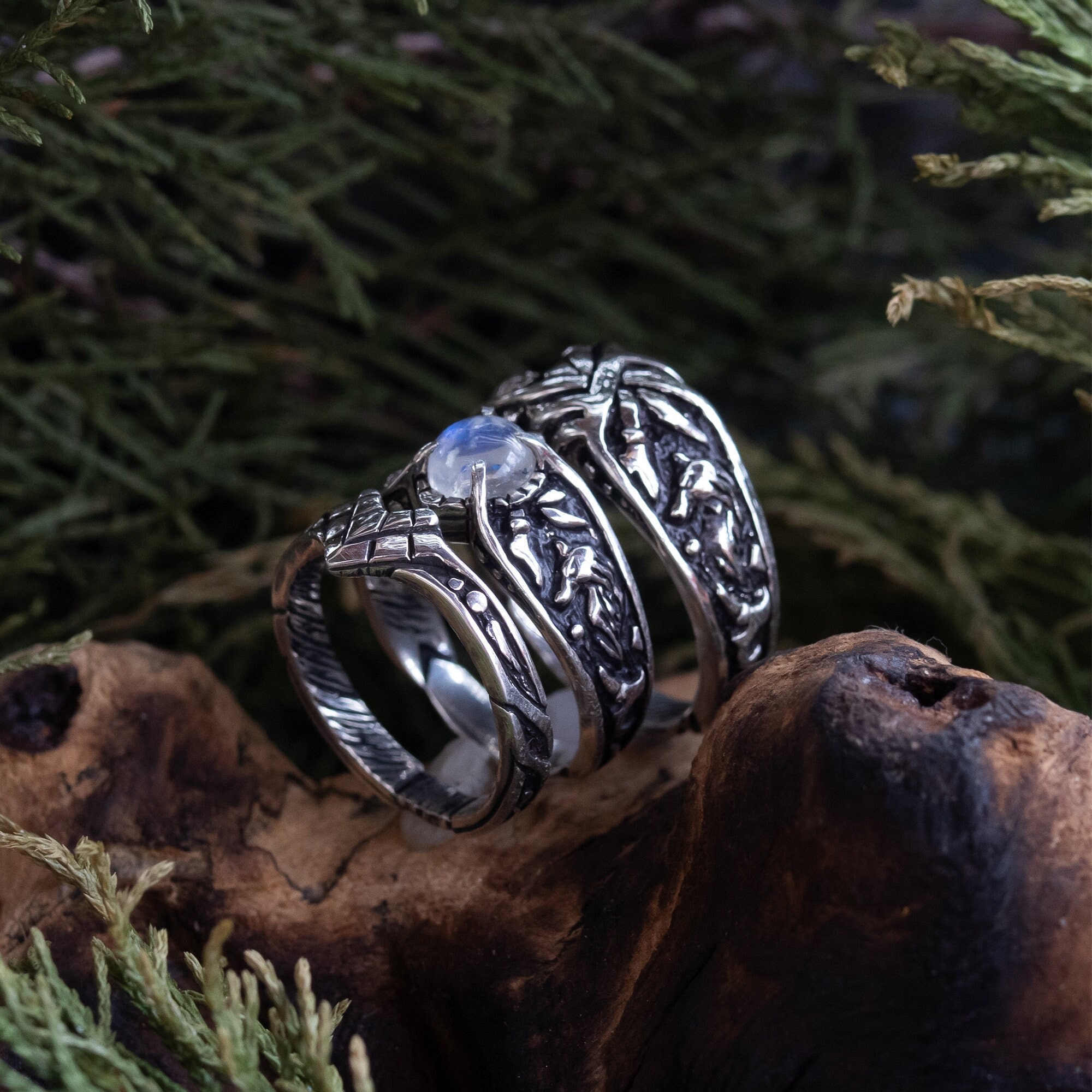 Moonstone Ring Set of 3 "Wolves"| Boho Couples Ring | Statement Wolf Celtic Engagement Ring Set | Wide Wedding Band | June Birthstone Ring