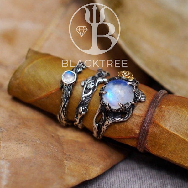 Moonstone Ring Set Cleo+Mio+Dew | Moonstone engagement ring | Wedding Jewelry | Moonstone Jewelry | Engagement Set | Stacking rings