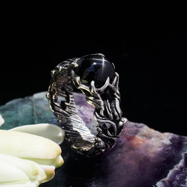 Schwarzer Stern Gothic Ring “Noir” | Gothic Verlobungsring | Boho Witchy Silber Ring | Versprechen Ring | Schwarzer Stein Ring | Wicca Ring