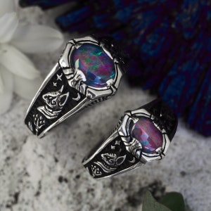 Couple rings "Egypt Tale" | Boulder Fire Opal Rings Set | Wedding jewelry | Sphynx Cat | Wedding Rings |  Lotus ring | Sterling Silver ring