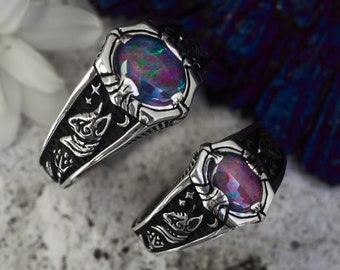 Couple rings "Egypt Tale" | Boulder Fire Opal Rings Set | Wedding jewelry | Sphynx Cat | Wedding Rings |  Lotus ring | Sterling Silver ring