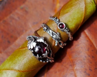 Twig Wedding ring set "Theia+Mio+Dew" | Garnet Ring | Garnet Engagement Ring | Bridal jewelry set | Vintage garnet ring set