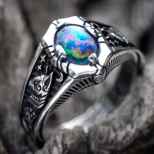 Opal ring Egypt Tale Boulder Fire Opal Ring Egyptian ring sphynx cat ring Cat lover gift Lotus ring Sterling Silver ring image 1