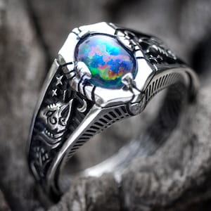 Opal ring &quot;Egypt Tale&quot; | Boulder Fire Opal Ring | Symbol Ring Egyptian sphynx cat ring | Cat lover gift |  Lotus ring | Sterling Silver ring