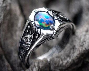 Opal ring "Egypt Tale" | Boulder Fire Opal Ring | Egyptian ring | sphynx cat ring | Cat lover gift |  Lotus ring | Sterling Silver ring