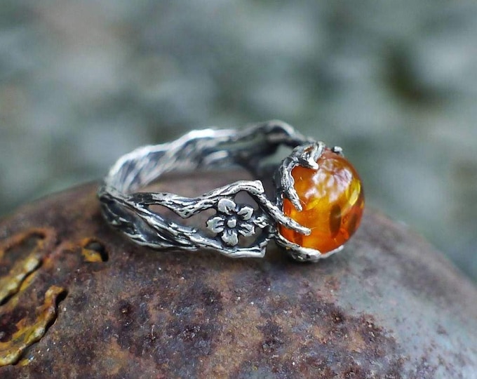 Amber Ring "May" Antique Rings for women Amber jewelry Sterling Silver Large Gemstone Ring with Stone Boho Bohemian Engagement Unique Ring