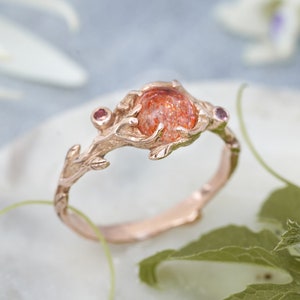 Anillo de compromiso de piedra solar en oro rosa "Grace" / Anillo de piedra solar para mujer / Anillo de oro rosa para mujer / Anillo de boda de piedra solar / Anillo de oro de 14 quilates