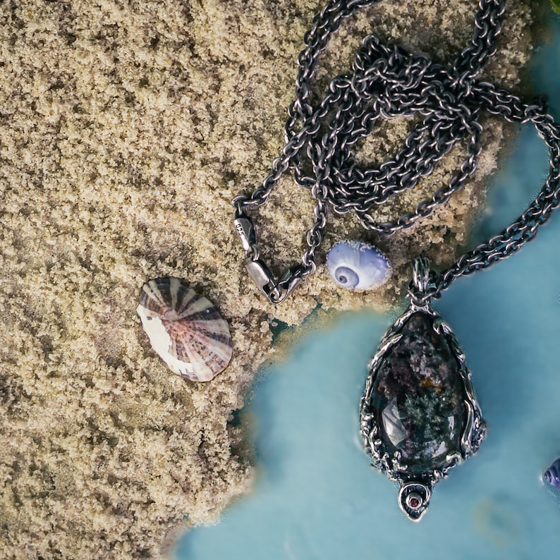 Lodolite Necklace Blackened Silver Charm Sea Pendant Gemstone Necklace Pendant Ocean Seashell Pendant Anniversary Pendant For Her image 3