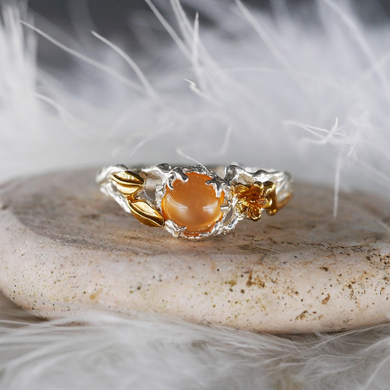 Peach Moonstone Engagement Ring Sue Moonstone ring Sterling Silver ring Rings for women Twig Ring Flower Ring Nature Ring image 5