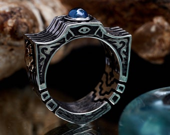 Bague Topaze Bleue GATES | Bague en argent noirci | Bague Scarabée | Bijoux bohèmes pour hommes | Anneau d'anniversaire | Anneau de déclaration égyptien | Bague de fiançailles