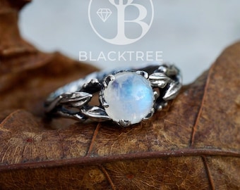 Vigselring med månsten | Ring i sterlingsilver | Ring med naturmotiv | Set med bohemiska ädelstenar | Förlovningsring med hippiemotiv | Löftesring med lövmotiv
