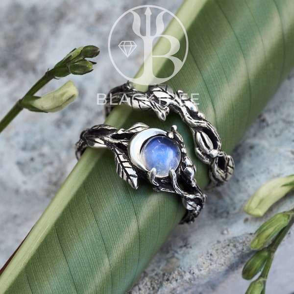 Moonstone Ring Set | Celestial Ring Set | Wedding Nature Ring Set | Boho Leaf Ring | Crescent Moon Engagement Ring | Blue Stone Ring Set