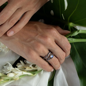 Moonstone Ring Set Primrose June Birthstone Ring Nature Lover Gift Silver Leaf Ring Statement Gemstone Ring Wedding Ring Set image 4