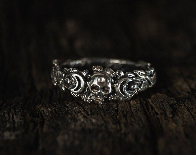 Skull Ring “Florie”| 925 Silver Gothic Ring | Biker Ring | | Viking Nature Ring | Heavy Metal Ring | Memento Mori Ring | Floral Punk Ring