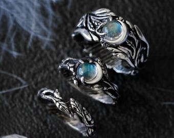 Silver Wedding Rings Set LUNA | His and Hers Bands Couple ring set | Moonstone Wedding band Set | Celestial Moonstone rings | Bohemian rings