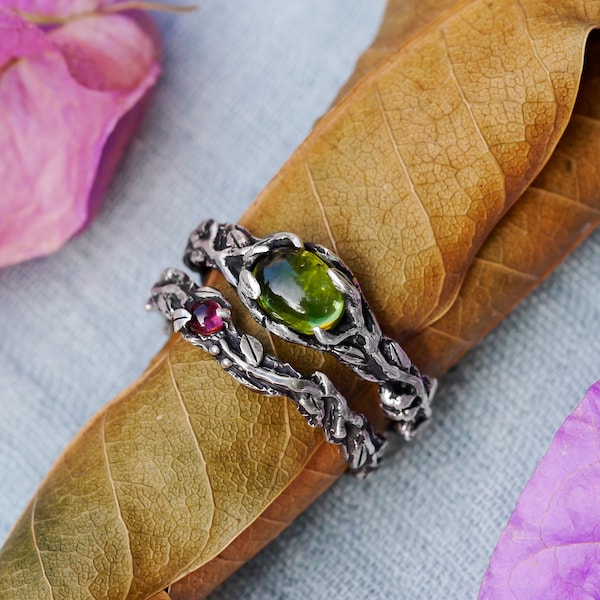 Wedding Ring Set Vita | Peridot rings vintage | Pink Tourmaline ring  | Engagement Ring set | Nature wedding ring set | Flower ring
