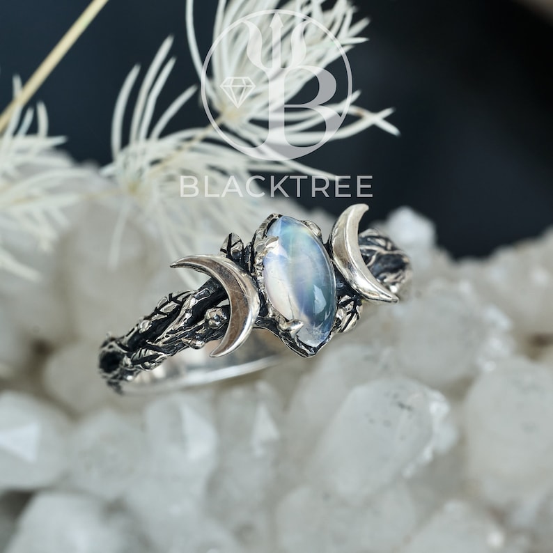 Moonstone Ring Soma Moon Ring Sterling Silver Moonstone Engagement ring Celestial Ring Triple Moon Phase Ring Moonstone Jewelry image 4