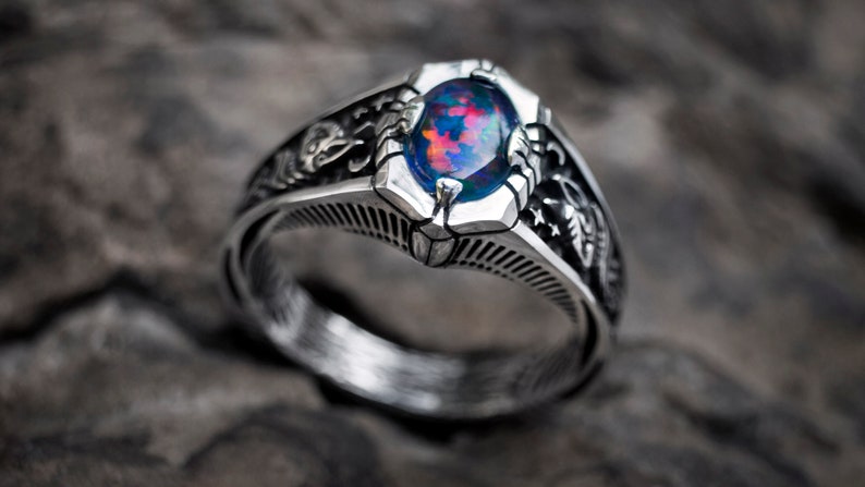 Opal ring Egypt Tale Boulder Fire Opal Ring Egyptian ring sphynx cat ring Cat lover gift Lotus ring Sterling Silver ring image 3