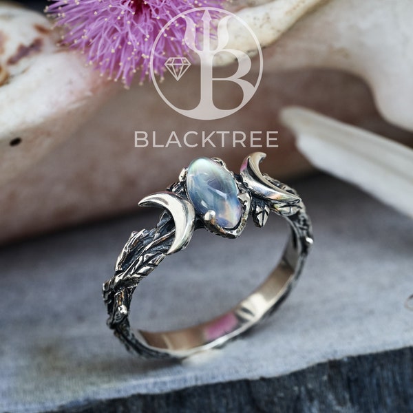 Anneau de pierre de lune | Bague de mariage en argent sterling | Ensemble d’anneaux de pierres précieuses Boho | Bague de fiançailles hippie | Anneau de croissant de lune | Anneau céleste