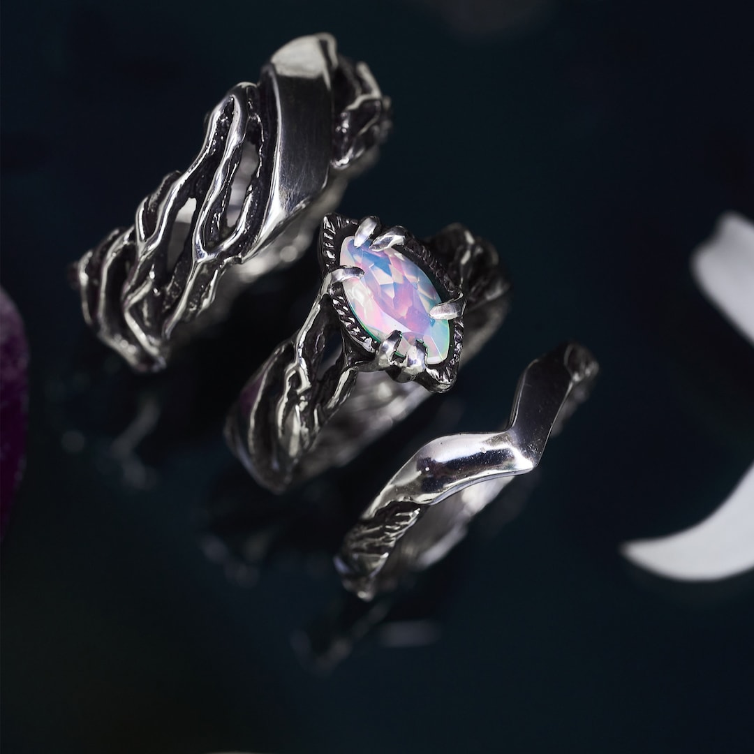 Fire Opal Wedding Ring Set His and Hers vivienne Silver Ring Set Boho