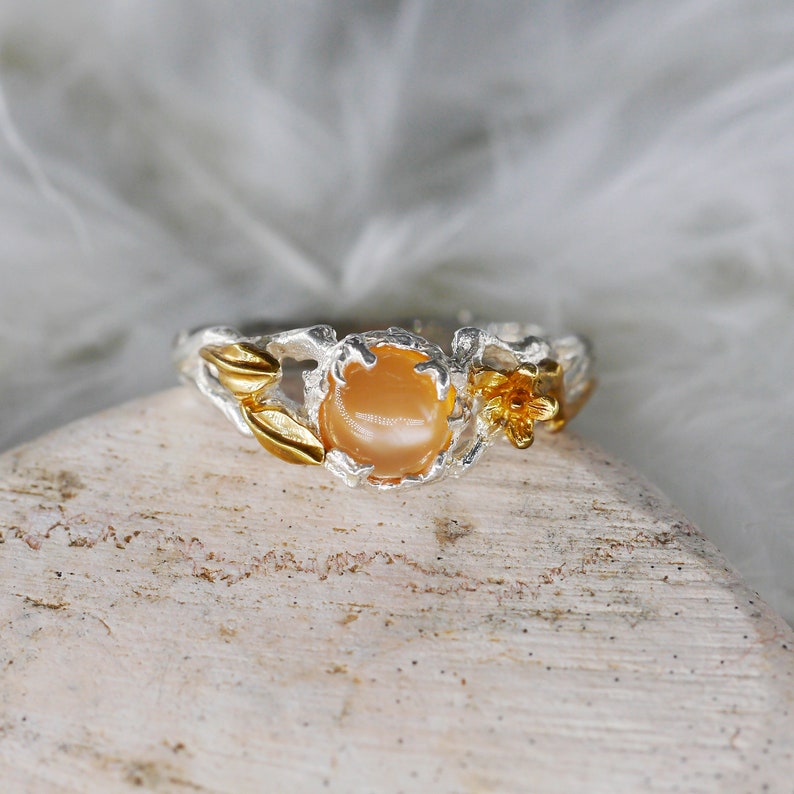 Peach Moonstone Engagement Ring Sue Moonstone ring Sterling Silver ring Rings for women Twig Ring Flower Ring Nature Ring image 2