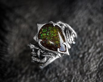 Ammolite Ring for Women "Ophion" | Sterling silver ring | Vintage ring Silver | Gothic ring snake Womens Large Gemstone ring  | Serpent ring
