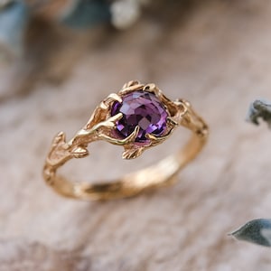 Amethyst Yellow Gold Engagement Women’s Ring "April" | Amethyst Engagement ring | Solid Gold ring | Engagement ring Flower | Nature ring