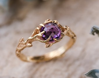 Amethyst Yellow Gold Engagement Women’s Ring "April" | Amethyst Engagement ring | Solid Gold ring | Engagement ring Flower | Nature ring