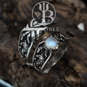 Boho Couples Ring | Moonstone Ring Set | Statement Viking Ring Set | Wide Wedding Band | June Birthstone Ring | Celtic His And Hers Ring Set