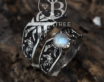 Boho Couples Ring | Moonstone Ring Set | Statement Viking Ring Set | Wide Wedding Band | June Birthstone Ring | Celtic His And Hers Ring Set