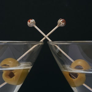 Sterling Silver Martini Cocktail Picks Set of 2 | Gemstone Cocktail Sticks Skewers | Wine Lover Gift | Mixologist Bartender gift | Bar Tools