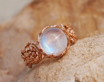 Bague de fiançailles en or rose avec pierre de lune « Fleur » | Bague en or rose pour femme | Bague de fiançailles | Bijoux en or | Alliance en or | Bague fleur