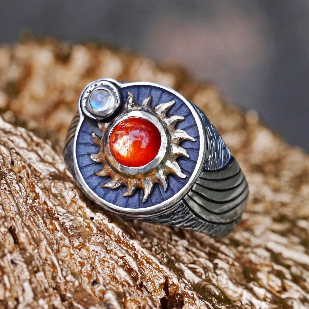 Mixed Metal Jewelry Ring «stargaze», Sun Moon Silver & Fine Gold