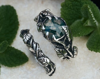 Boho Nature Ring Set Sierra | Moss Agate Ring | Hippie Leaf Ring | Green Stone Ring | Engagement Ring Set  |  Women's Silver Ring Set