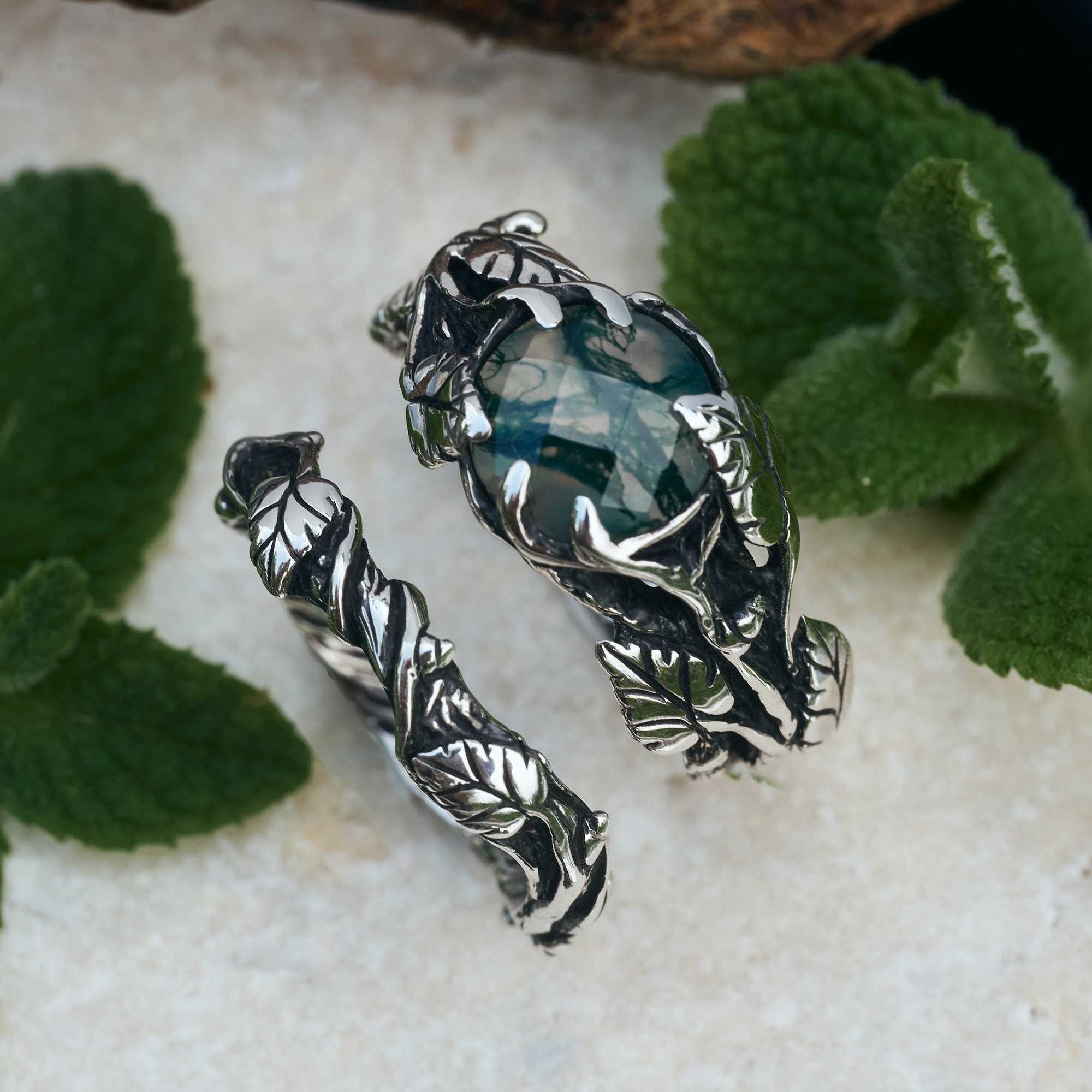 Boho Nature Ring Set Sierra | Moss Agate Ring | Boho Jewelry | Green Stone Ring | Silver Engagement Ring Set | Designer Rings for Women