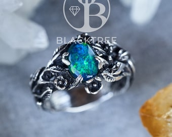 Boulder Fire Opal Ring "Blythe" | Sterling silver ring | Vintage rings for women | Leaf ring | Flower ring | Boulder opal wedding ring