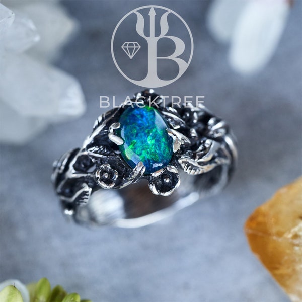 Boulder Fire Opal Ring "Blythe" | Sterling silver ring | Vintage rings for women | Leaf ring | Flower ring | Boulder opal wedding ring