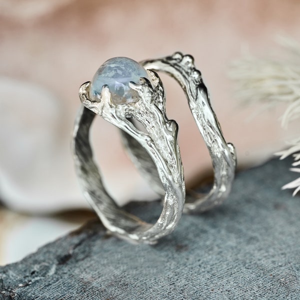 Moonstone Ring Set "Ariel" | Moonstone Engagement ring set | Branch ring | Witchy Wedding ring | Moonstone jewelry | Ring for Women