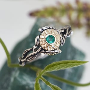 Gold & Silver ring “Sol”  | Yellow Gold Sun ring | Gold Emerald Ring | Celestial ring |  Sun ring |  Statement ring | Sterling Silver ring |