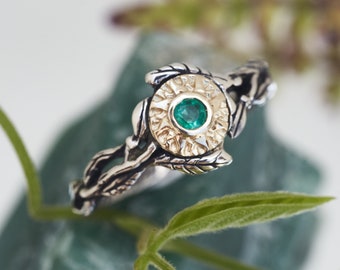 Gold & Silver ring “Sol”  | Yellow Gold Sun ring | Gold Emerald Ring | Celestial ring |  Sun ring |  Statement ring | Sterling Silver ring |