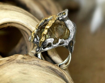 Bague en quartz rutilé « Golden Antelope » | | de sonnerie de déclaration Bagues pour femmes | | de l’anneau des cerfs Bague en argent sterling pour femme | Anneau Boho