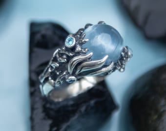 Aquamarin Ring | Boho Verlobungsring | Silber Ring | Ozean Ring | Blauer Stein Ehering | Blautopas Cocktail Ring