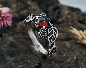 Rode Granaat Ring "Raspberry" | Vintage ring | Sterling Zilveren ring | Granaat sieraden | Ringen voor dames | Bloem Verlovingsring