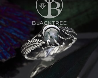 Bague Agate Mousse "Linda" | Bague de fiançailles en agate mousse | Bague de fiançailles lune | Bague femme | Bague en argent | Anneau de fougère | Anneau pour les femmes